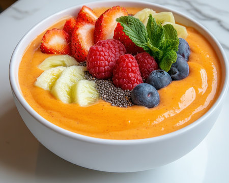 Start your day with a vibrant, fruit-filled smoothie bowl bursting with flavor and nutrients! This delicious and healthy breakfast is topped with fresh fruits, chia seeds, and other superfoods, offering a quick and wholesome meal It's the perfect energizing boost and a beautiful blend of taste and nutrition for health-conscious AI Generativeの素材