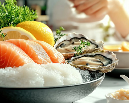 Experience a symphony of seafood flavors with our gourmet platter Indulge in succulent oysters, delicate smoked salmon, and a zesty lemon-herb vinaigrette Fresh catches expertly prepared create a luxurious and tantalizing culinary experience Perfect for celebrations or a lavish treat, this masterpiece brings a culinary vision to life AI Generativeの素材