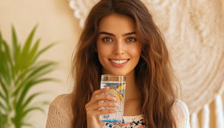 A radiant woman embodies ultimate hydration in a serene spa setting Her glowing skin reflects the power of pure water, capturing the essence of wellness and natural beauty This portrait promotes hydration as the key to radiant skin, perfect for advertising beauty, health, and wellness products Refresh your senses and AI Generativeの素材