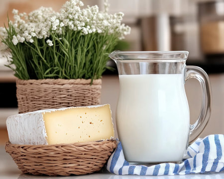 Experience the pure delight of Organic dairy: creamy milk, aged cheeses, and homemade yogurt, presented in charming ceramic Savor farm-fresh flavor crafted with artisanal skill and sustainable practices Taste tradition with our carefully chosen selection, brimming with unparalleled quality and nutrition, delivered directly from our farm to your table AI Generativeの素材