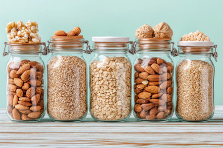Embrace a nutritious lifestyle with assorted whole grains beautifully displayed in glass jars on a wooden table Discover balanced nutrition and dietary health by incorporating these versatile grains into your daily meals Enjoy natural flavors and textures at breakfast, lunch, and dinner Optimize your wellbeing with this rainbow of wholesome AI Generativeの素材