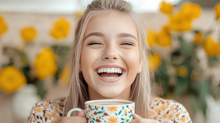 Find joy in a heartwarming image of a young woman laughing while sipping non-dairy almond milk hot chocolate This cozy scene embodies simple pleasures, perfect for winter, autumn, or spring Indulge in this delightful moment of pure happiness, peaceful relaxation, and celebrate life's little treasures in total contentment AI Generativeの素材