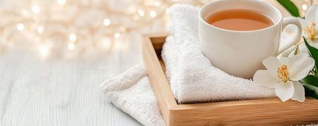 Unwind with a calming natural self-care ritual A wooden tray holds nourishing skincare oils, herbal tea, and a soft towel, inviting mindful relaxation Enhance your wellness routine with gentle skincare, soothing tea, and luxurious comfort, creating a peaceful moment for self-love and rejuvenation Elevate your daily ritual for ultimate comfort AI Generativeの素材