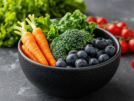 Dive into a vibrant culinary close-up bursting with healthy goodness! Leafy greens, carrots, and berries showcase nature's nutrient-rich bounty This image celebrates balanced eating, highlighting fresh produce and wholesome cooking Savor the visual feast of colorful vegetables and juicy berries, a delicious testament to nourishing your body AI Generativeの素材