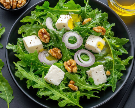 Capture clean eating with this top-view salad image Chard, walnuts, soft cheese, and onions create vibrant visual harmony in minimalist food photography Ideal for health blogs, recipe websites, and culinary presentations, this picture embodies healthy lifestyle inspiration and simple elegance Elevate your project with this culinary delight! AI Generativeの素材
