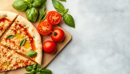 Capture appetites with this vibrant pizza image, showcasing fresh tomatoes, basil, and a rustic wooden cutting board against a textured white backdrop Perfect for culinary blogs, websites, and promotional materials, this high-quality photo highlights food styling and elevates visual content Download now and add captivating imagery to your projects! AI Generativeの素材