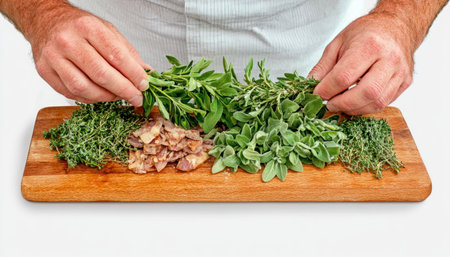 Witness culinary artistry in action: a chef meticulously garnishing a dish with vibrant, organic herbs This image celebrates sustainable cooking, emphasizing fresh, local ingredients and the harmonious blend of nature and gastronomy Discover how basil, thyme, and oregano elevate flavor and presentation, reflecting a commitment to healthy eating and farm-to-table AI Generativeの素材