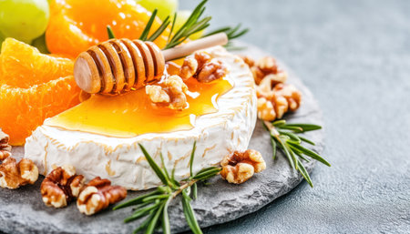 Savor a Mediterranean cheese spread featuring creamy cheese drizzled with honey, crunchy walnuts, and fresh fruit, artfully presented on a rustic stone plate This vibrant and healthy dish offers a delightful symphony of flavors and textures, perfect as an appetizer, dessert, or a light meal Impress guests with this easy AI Generativeの素材