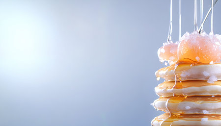 Tempt yourself with a stack of golden pancakes, drenched in honey and crowned with a sweet cherry on a fork against a calming blue backdrop This delightful breakfast still life captures the essence of comfort food, showcasing a tempting and fluffy indulgence, perfect for breakfast, dessert, or any sweet craving AI Generativeの素材