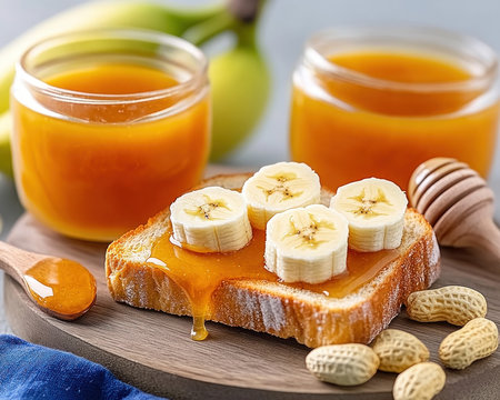 Kickstart your day with a protein-packed Peanut Butter Banana Toast! This easy recipe combines creamy peanut butter, sweet banana slices, and a drizzle of honey on toast for a nutritious and delicious breakfast Simple to make and satisfying to eat, it's a quick way to fuel your body and boost AI Generativeの素材