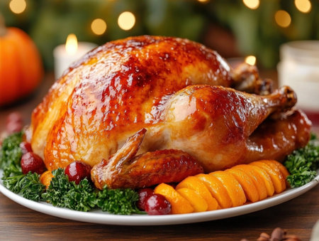 Celebrate Thanksgiving with this inviting farm-to-table meal A centerpiece roast turkey anchors a feast of golden sweet potatoes, ruby cranberries, and vibrant kale, beautifully displayed on a wooden table Crisp, fresh ingredients embody autumn's bounty and the joy of seasonal eating Perfect for inspiring culinary adventures in blogs, magazines, or AI Generativeの素材