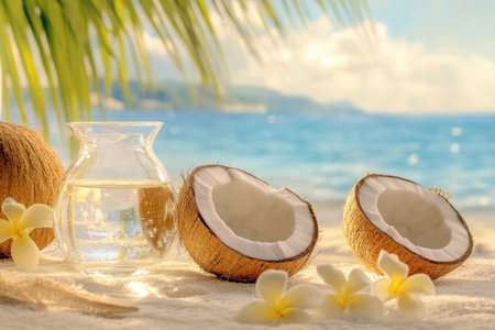Escape to tranquility with this serene beach meditation image Picture soft sand, gentle waves, and a refreshing glass of coconut water promoting balance, detox, and hydration Perfect for wellness retreats and health blogs, it captures mindful relaxation and invites viewers to embrace calm and rejuvenation Discover your inner peace today AI Generativeの素材