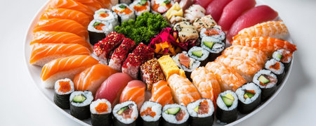 Experience sushi artistry with our stunning spiral platter Fresh salmon, tuna, and vibrant toppings create a culinary masterpiece Perfect for sharing or solo indulgence, each bite is a burst of Japanese flavor Elevate your dining experience and savor this exquisite and visually appealing delicacy Order your vibrant sushi spiral today! AI Generativeの素材