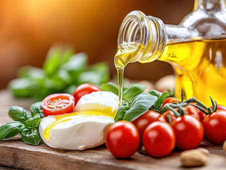 Indulge in the rustic charm of Italy with our Caprese salad image Creamy mozzarella, sweet cherry tomatoes, and fragrant basil are drizzled with rich olive oil, showcasing simple, fresh flavors Set on an old oak table, this image evokes Mediterranean warmth Perfect for food blogs and restaurants, it tantalizes taste AI Generativeの素材