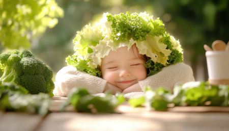 Celebrate healthy living with farm-fresh organic vegetables! Visualize kale, spinach, and broccoli artfully arranged, embodying farm-to-table goodness A child playfully adorned with leafy greens symbolizes the joyful connection to nature and nourishment These images inspire wellness, promoting a balanced lifestyle through wholesome food and showcasing the beauty of healthy eating AI Generativeの素材
