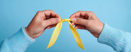 This royalty-free image powerfully symbolizes cancer awareness with two hands holding a yellow ribbon Evoking hope and solidarity, it's perfect for campaigns, education, and social media Use it to raise funds, inform, encourage early detection, and celebrate survivors Ample space for text overlay amplifies your message of compassion AI Generativeの素材