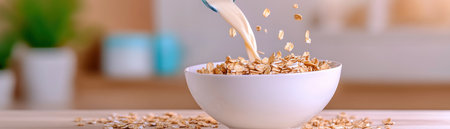 Witness a wholesome breakfast moment: oat milk cascading onto crunchy cereal in a vibrant, high-resolution image The dynamic splash symbolizes a commitment to healthy living Discover the appealing texture and colors that highlight the nutritious and delicious ingredients It's a perfect way to kickstart your day with goodness and balanced AI Generativeの素材