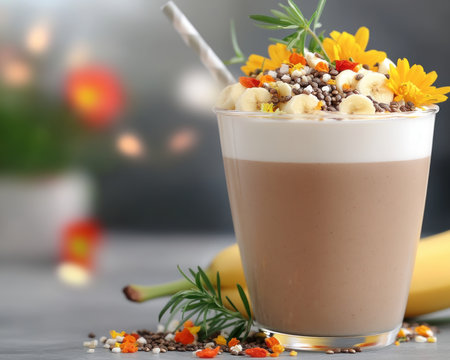 Indulge in this protein-rich superfood detox smoothie , a delicious blend of hemp seeds, bananas, and plant-based milk, presented in a stylish cup Perfect for breakfast, post-workout recovery, or a healthy snack Packed with essential nutrients and antioxidants, it energizes and revitalizes your body Enjoy the goodness of natural ingredients in AI Generativeの素材