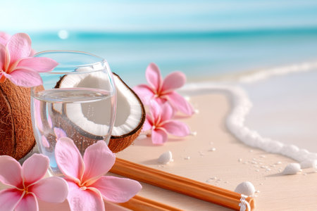 Escape to a tranquil beach meditation session, where inner peace meets physical rejuvenation Hydrate with natural coconut water, a detoxifying elixir promoting balance Embrace mindfulness amidst calming ocean sounds, connecting harmoniously with nature Experience tranquility, health, and wellness in this idyllic setting Be inspired to adopt a healthier, balanced lifestyle, AI Generativeの素材