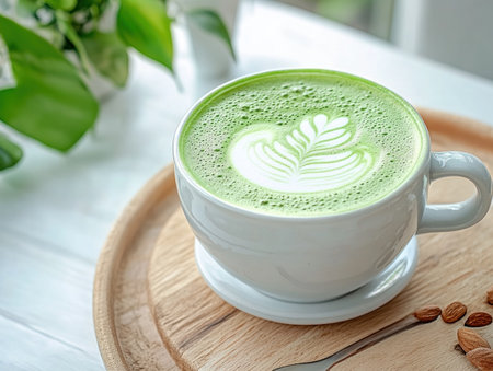 Escape to a modern cafe haven and savor a trendy, vegan Matcha Latte This dairy-free delight blends earthy matcha with creamy almond milk for a guilt-free treat Enjoy the soothing elixir's rich texture and subtle sweetness, perfectly complementing the cozy ambiance A flavorful, ethical choice for conscious consumers seeking taste AI Generativeの素材