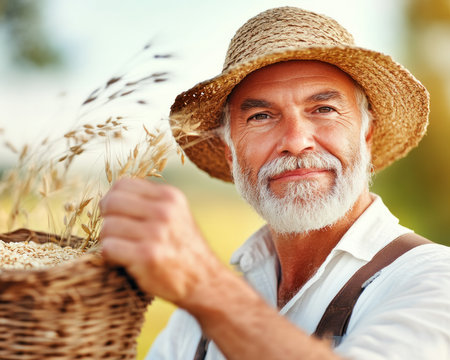 Bathed in golden sunlight, a farmer harvests oats in a picturesque field, epitomizing sustainable agriculture This captivating scene celebrates wholesome living and the hard work behind organic nutrition It embodies the essence of rural life and the simple joys of harvest season, showcasing nature's gifts and the harmony of farming AI Generativeの素材