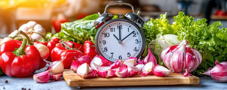 Celebrate mindful cooking and healthy eating with an image showcasing vibrant vegetables artfully arranged around a vintage clock Emphasizing culinary wellness, it highlights the beauty of fresh produce and the importance of savoring time Embrace a nutritious diet filled with fresh food and vegetables, reminding us that healthy choices are AI Generativeの素材