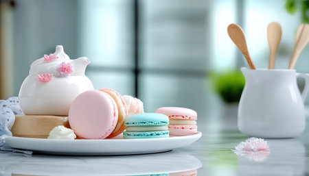 Experience a "Sweet Symphony" with this decorative plate of macarons, arranged in a stunning color gradient Delight in the pastel palette of these meticulously crafted confectionery treats Perfect for pastry enthusiasts, this visual and gustatory feast embodies French elegance Enjoy the beauty of this delectable and vibrant display, a true AI Generativeの素材
