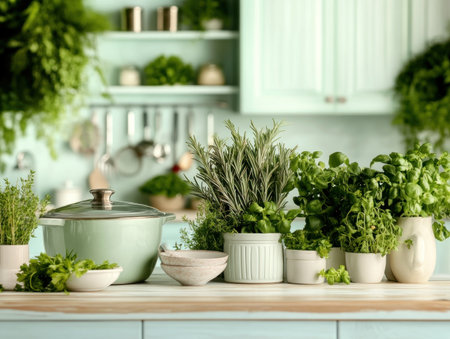 Experience the heart of Mediterranean cuisine with this scene of fresh herbs infusing a rustic kitchen Oregano, rosemary, and thyme elevate a delicious dish, filling your home with authentic flavors and aromas This culinary moment captures the joy of wholesome cooking with healthy ingredients and traditional techniques in a warm, AI Generativeの素材