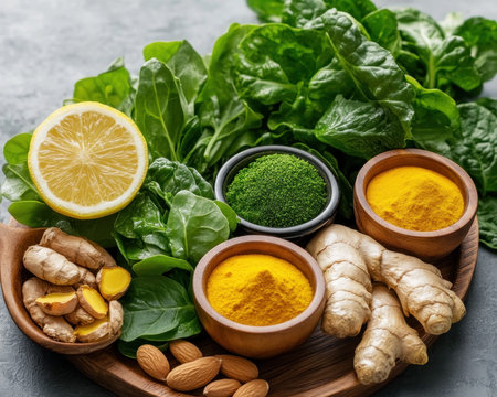 Capture the essence of natural wellness with this vibrant flat lay featuring fresh, organic turmeric, ginger, and greens Symbolizing health and vitality, this image is perfect for blogs, websites, and social media promoting healthy eating and holistic living Elevate your recipes and inspire a vibrant lifestyle with nature's beautiful and AI Generativeの素材