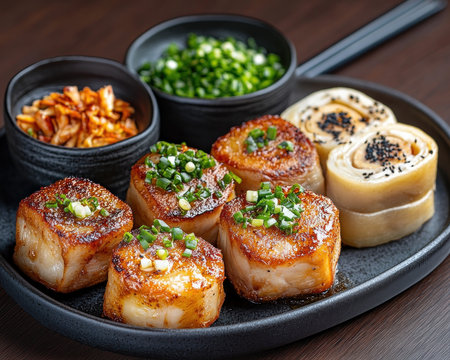 Embark on a bold food adventure! This culinary masterpiece fuses exotic spices with masterful techniques, featuring seared scallops, sesame-crusted tofu skin rolls, scallions, and Korean kimchi Experience an explosion of flavors in this tantalizing fusion dish, showcasing fresh ingredients, modern plating, and authentic Asian cuisine for a gourmet indulgence AI Generativeの素材
