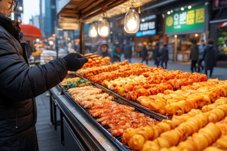 Immerse yourself in a bustling street food market through this image Savory aromas of grilled seafood and meats fill the air as vendors craft culinary masterpieces Experience a vibrant tapestry of flavors, from succulent seafood skewers to juicy patties Discover authentic street food spots and indulge in unforgettable, tantalizing tastes AI Generativeの素材