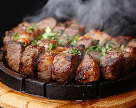 Savor culinary artistry with our sizzling exotic meats, a flavorful masterpiece! A visually stunning dish boasts tender cuts marinated in aromatic spices, grilled to perfection and served on a rustic wooden platter Embark on a culinary journey, perfect for a memorable dining experience or showcasing your cooking skills Indulge in AI Generativeの素材