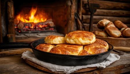 Escape to a rustic cabin kitchen with this image of warm, golden cornbread baking in a cast-iron skillet Evoking nostalgia and the simple joys of country living, it captures the essence of homespun hospitality and delicious, freshly baked goods Perfect for food blogs and cookbooks, inviting viewers to embrace comfort AI Generativeの素材