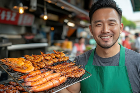 Immerse yourself in a culinary adventure! Explore vibrant market scenes filled with grilling seafood, succulent meats, and exotic spices Discover authentic street food stalls and outdoor kitchens through captivating photography showcasing diverse cultures and local delicacies Capture mouthwatering moments and cultural treasures in this immersive experience AI Generativeの素材