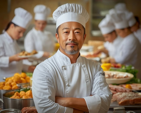 Witness culinary artistry as a master chef passionately crafts traditional cuisine rooted in heritage Ancient techniques and time-honored recipes are meticulously employed, preserving authentic flavors passed down through generations This image embodies cultural heritage, showcasing the skill and dedication behind preserving authentic flavors Embark on a culinary journey back in AI Generativeの素材