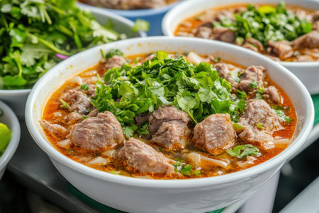 Immerse yourself in Southeast Asian flavors with this vibrant street food scene A bubbling pot of aromatic soup is ladled over tender meat and fresh herbs This image captures the essence of culinary heritage, perfect for food blogs and travel guides, enticing viewers to savor the rich traditions and delicious AI Generativeの素材