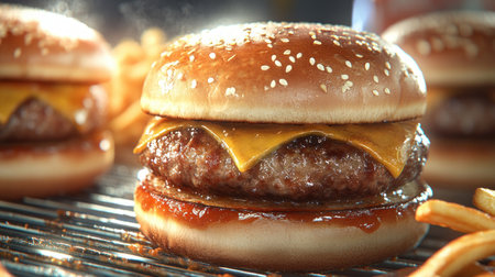 Immerse yourself in a vibrant street food scene, where a skilled vendor transforms simple ingredients into mouthwatering burgers and fries The tantalizing aroma of sizzling meat fills the bustling city air as a culinary artist crafts these classic dishes with passion and precision Witness the sizzle and steam as hungry AI Generativeの素材