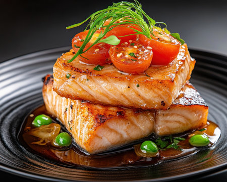 Indulge in culinary artistry with this image of gourmet cuisine Exquisite flavors meet minimalist presentation, creating a balance of luxury and simplicity High-end ingredients are meticulously crafted for discerning palates Savor the harmony of taste and aesthetics in this refined masterpiece, designed for food enthusiasts seeking an elevated dining experience AI Generativeの素材