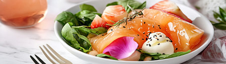 Witness culinary perfection in this captivating top-down shot A vibrant, gourmet dish is meticulously arranged, highlighting fresh, healthy ingredients and the chef's artistry Ideal for food blogs, menus, or publications, this image showcases elegant food presentation, promising an unforgettable dining experience that's both a feast for the eyes and a AI Generativeの素材