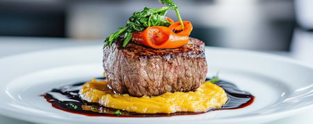 Witness culinary artistry! A high-end restaurant elevates tradition with a modern gourmet twist Perfectly seared meat, vibrant vegetables, and artful sauces create a visual feast Experience the exquisite blend of tradition and innovation, capturing the essence of fine dining Explore a world where culinary craftsmanship meets innovative presentation, promising an AI Generativeの素材
