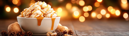 Embrace winter's warmth with this inviting image showcasing spiced gingerbread pudding drizzled with caramel Its rich flavors and cozy ambiance create a perfect holiday scene, ideal for dessert recipes, promotions, and lifestyle content Capture the magic of winter and the comforting taste of this delicious seasonal treat Elevate your designs AI Generativeの素材