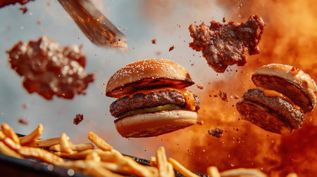Immerse yourself in the vibrant world of street food Watch a skilled vendor craft sizzling burgers and crispy fries, their aroma intoxicating the air Experience urban cuisine at its finest, where convenience meets irresistible flavor Perfectly seared patties and golden fries create a symphony of taste Discover the artistry in AI Generativeの素材