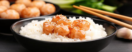 Embark on a tantalizing food adventure! Savory Asian meatballs meet a zesty Latin-inspired sauce, creating a bold fusion served over fluffy steamed rice This innovative street food dish artfully blends the comfort of Asian cuisine with vibrant Latin American flavors Experience the perfect harmony of two cultures in one delicious AI Generativeの素材