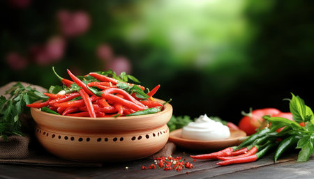 Ignite your senses with this fiery dish! Exotic chilies deliver intense heat, balanced by fresh, aromatic herbs A cooling yogurt side offers soothing relief This culinary masterpiece is a flavor adventure, where warmth meets freshness and creamy coolness Experience spicy perfection, a taste sensation that will leave you wanting more AI Generativeの素材