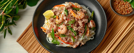 Culinary artistry unfolds in this visually stunning plate A fresh, locally sourced traditional dish features savory shrimp, tender pork, and vibrant vegetables artfully arranged over delicate rice noodles The captivating image reflects mindful eating, blending flavor, texture, and aesthetics Perfect for showcasing authentic cuisine and culinary inspiration in menus or AI Generativeの素材