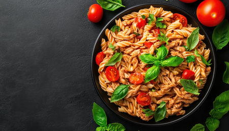 Experience Italian culinary artistry with this vibrant top-down food photograph High-clarity showcases fusilli pasta, juicy cherry tomatoes, and fresh basil in a beautifully textured dish, illuminated with precise lighting Ideal for food blogs, restaurants, and culinary publications, this high-resolution image elevates your projects with visual delight, celebrating healthy eating and AI Generativeの素材