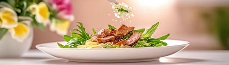 Behold culinary artistry: an elegantly plated fusion dish, blending exotic and classic ingredients through modern techniques Vibrant colors and textures showcase a perfect blend of global flavors, embodying innovation and sophistication This visually enticing composition invites you on a gastronomic adventure, a symphony of flavors for a memorable dining experience AI Generativeの素材