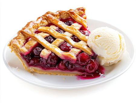 A slice of homemade cherry pie, featuring a flawless lattice crust and a juicy, sweet-tart cherry filling, takes center stage in this mouthwatering image Nestled beside it, a creamy scoop of vanilla bean ice cream offers the perfect cool contrast A delightful representation of classic American baking, promising ultimate comfort AI Generativeの素材