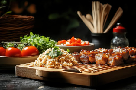 Savor the enticing flavors of street food with this image of a nutritious platter! Succulent grilled meats mingle with aromatic fresh herbs and hearty grains, offering a balanced and satisfying culinary experience Perfect for food blogs and healthy eating campaigns, this photo captures the essence of delicious and wholesome street AI Generativeの素材
