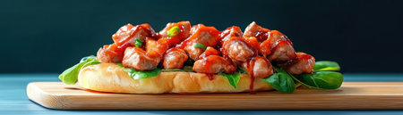 Experience a culinary masterpiece with our vibrant street food creation! This image highlights a fresh, organic dish brimming with bold, zesty sauces Discover the delightful flavors and textures meticulously crafted for your enjoyment Ideal for food bloggers and culinary enthusiasts seeking inspiration Explore delicious recipes and indulge in this tempting AI Generativeの素材